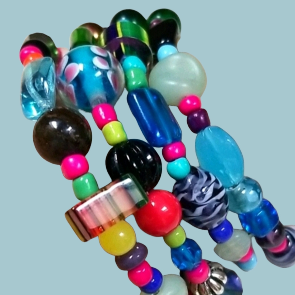 Hand Crafted Vintage Glass and Turquoise and Semi-precious Bead Wrap Bracelet - Picture 2 of 16